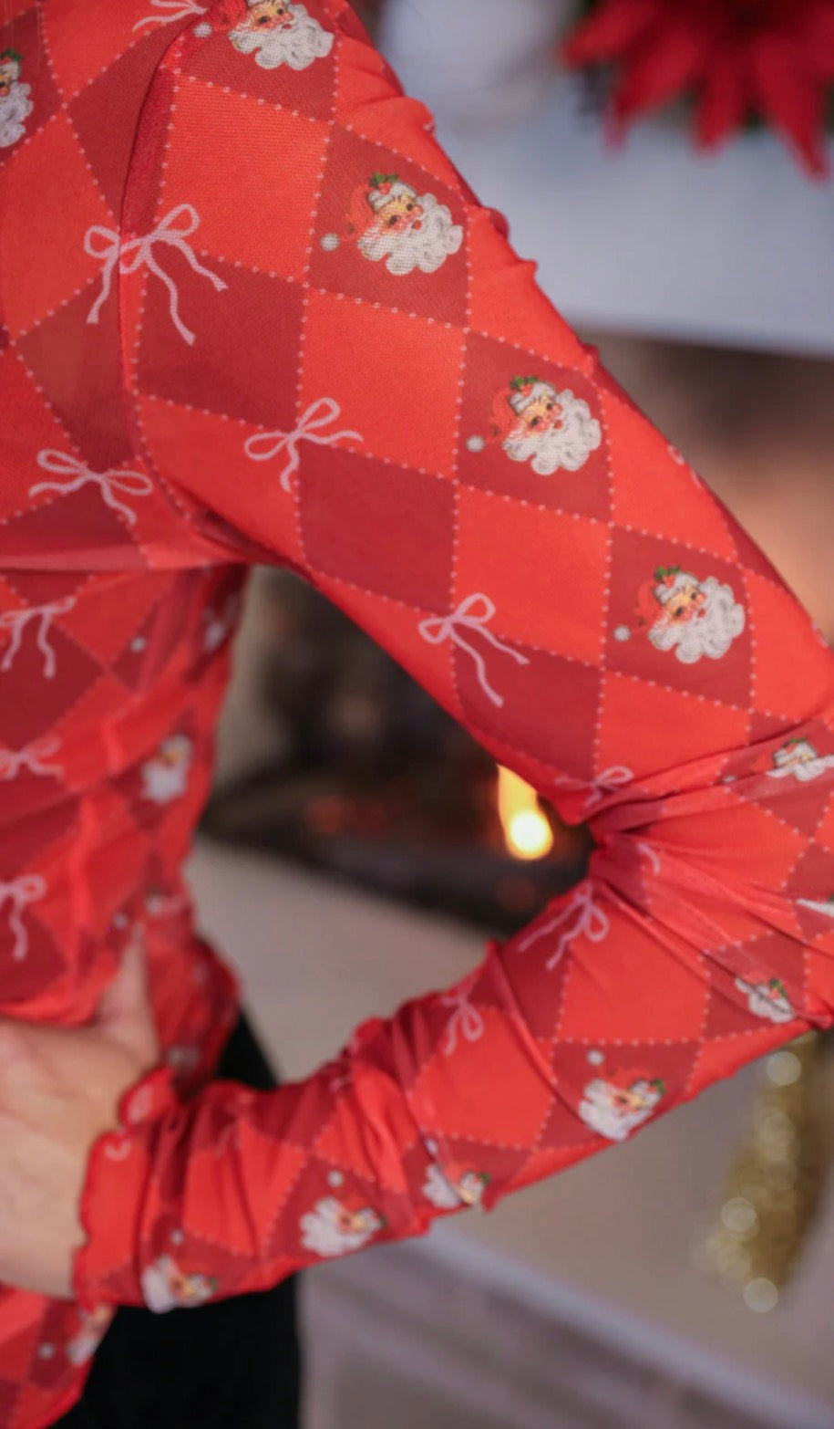 Santa & Bow Mesh Long Sleeve Top