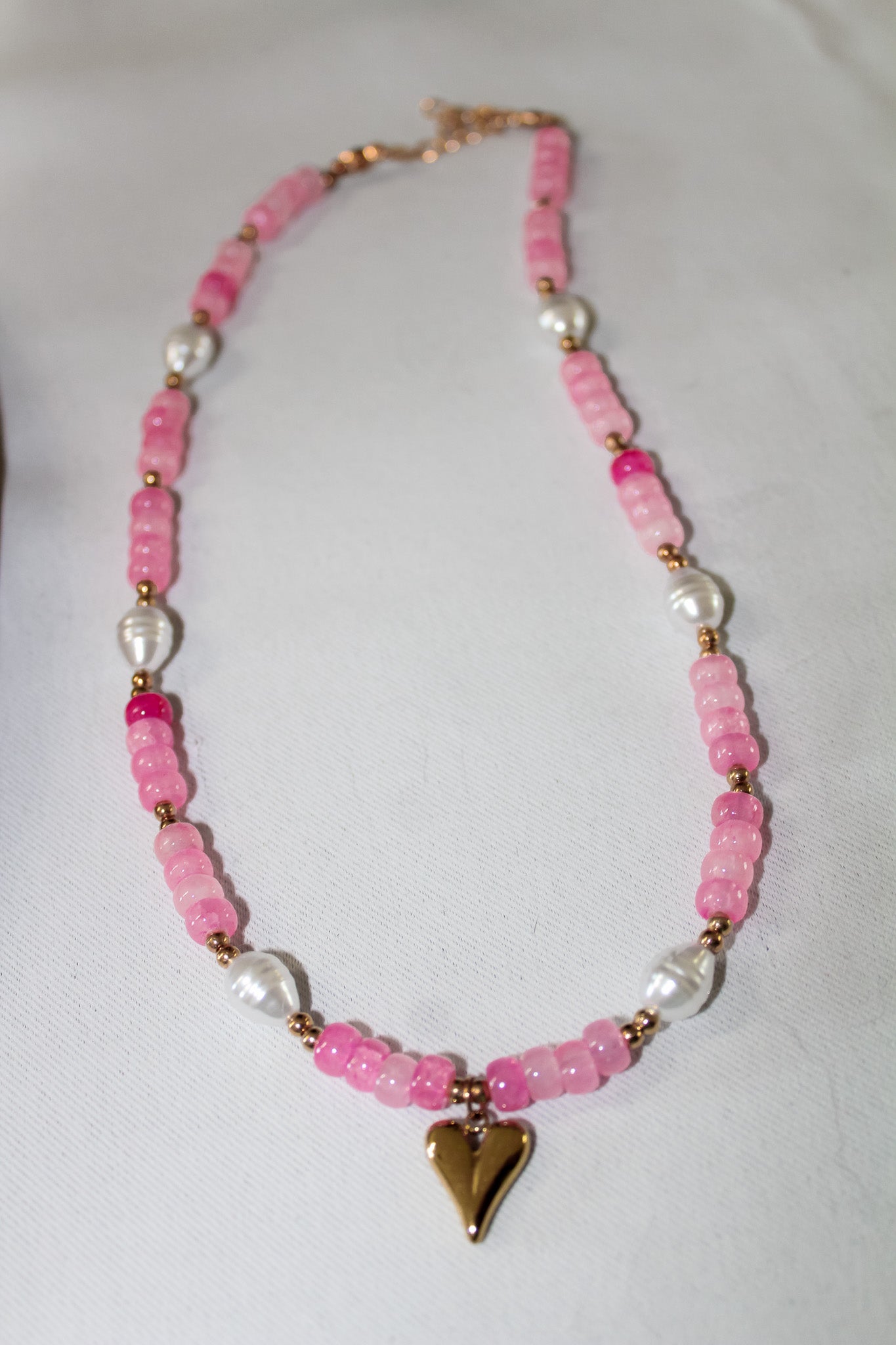 Pink Heart with Pearls Beaded Necklace