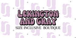 Lexington and Gray Size Inclusive Boutique logo with a western light purple cowgirl boots and stars background