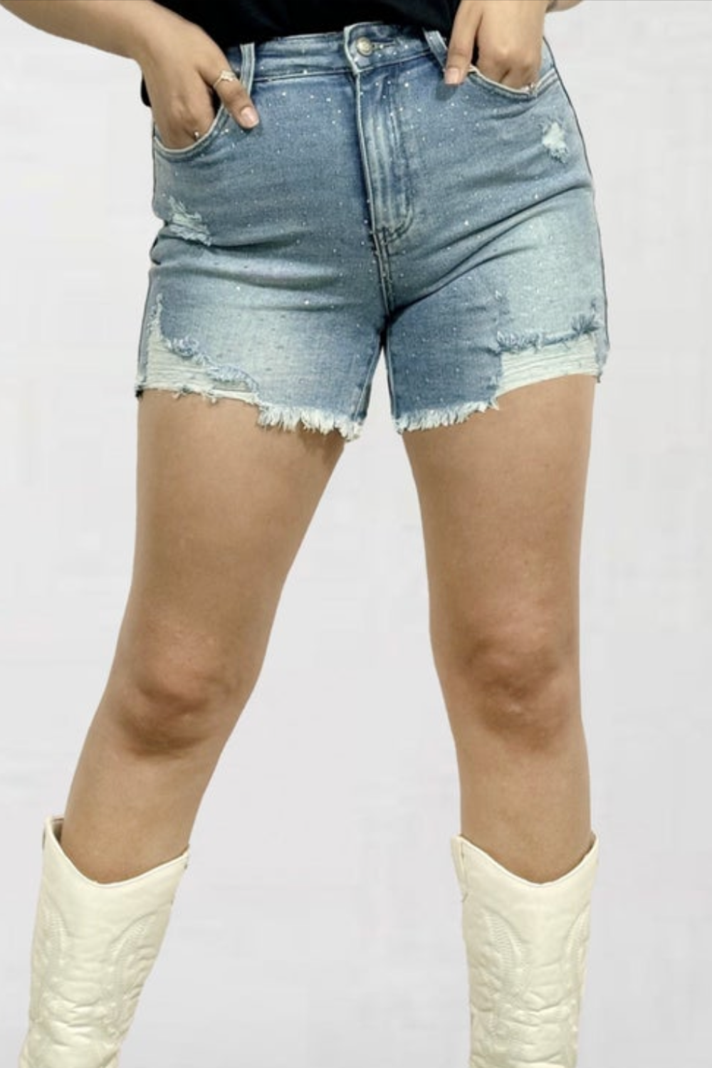 Rhinestone lightwash distressed shorts 