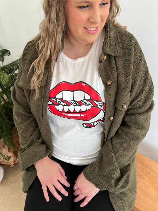 Red Lip Candy Cane Graphic Tee