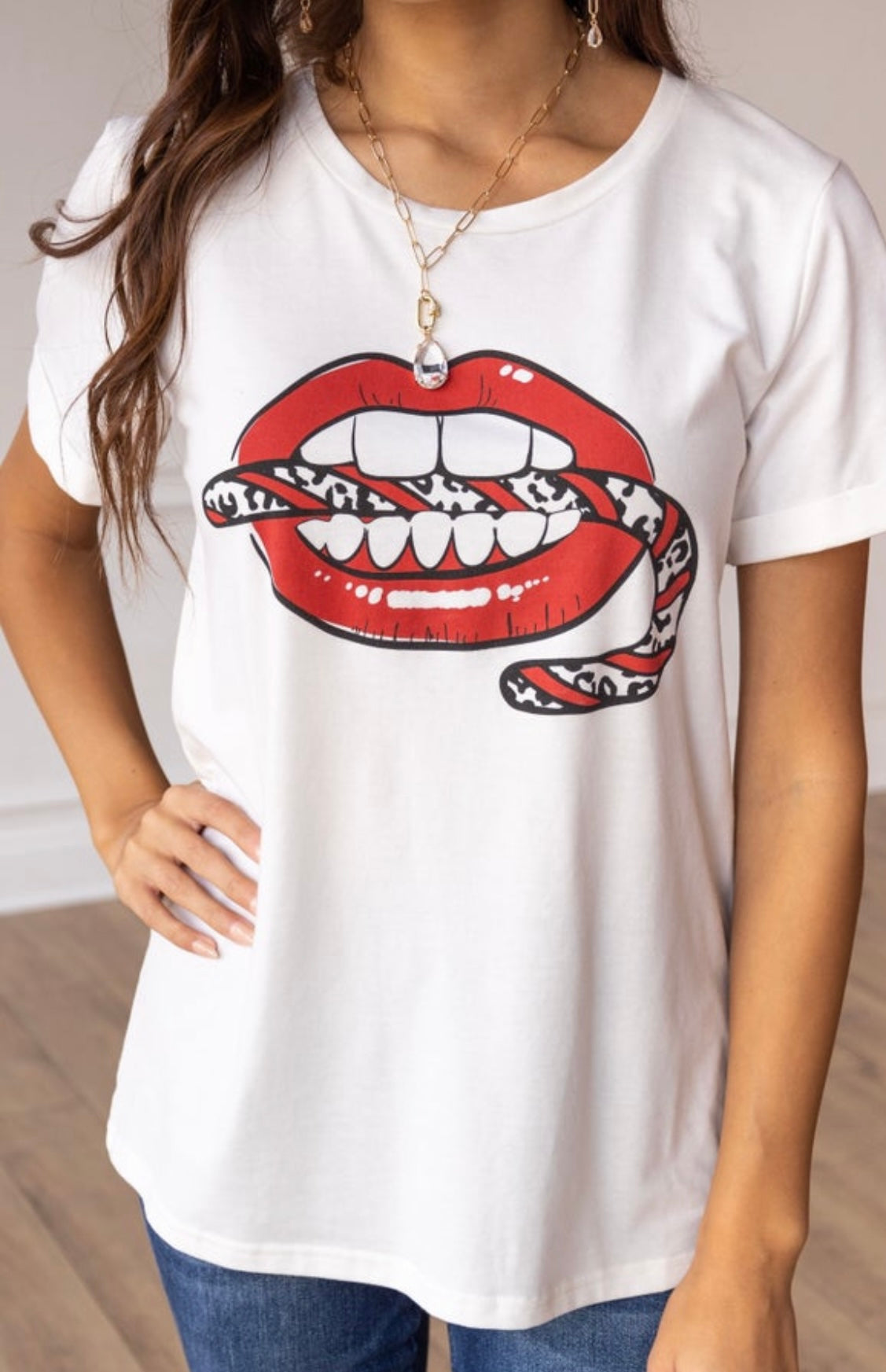 Red Lip Candy Cane Graphic Tee