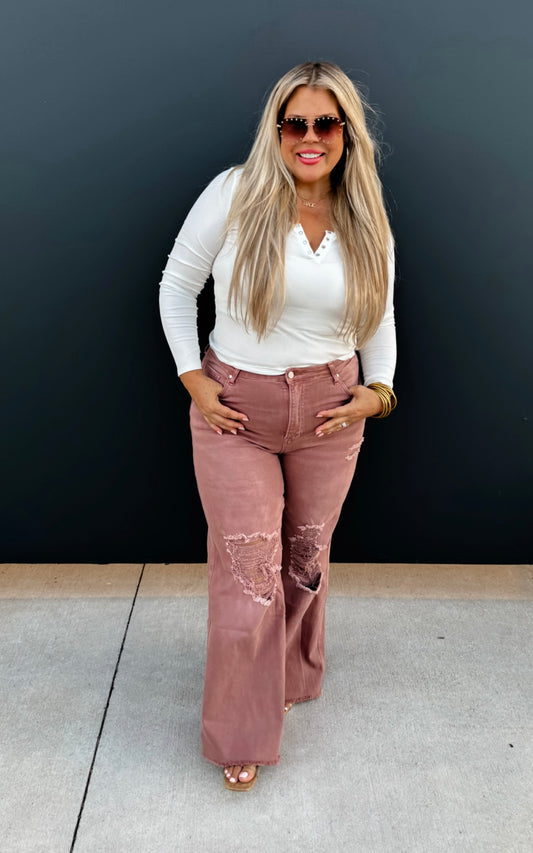 Carly | Mauve Distressed Wide Leg Jean