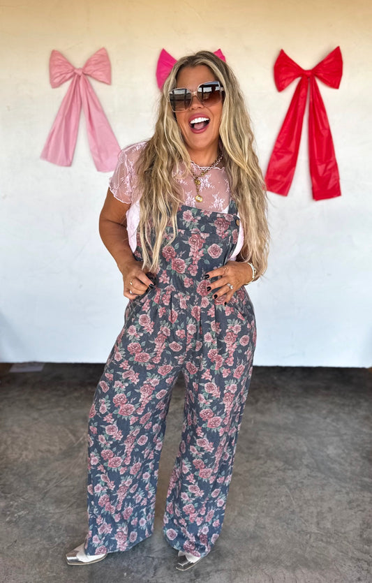 Blue Meadows Floral Denim Overalls