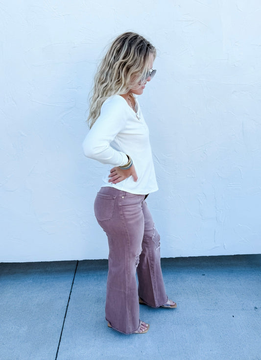 Carly | Mauve Distressed Wide Leg Jean