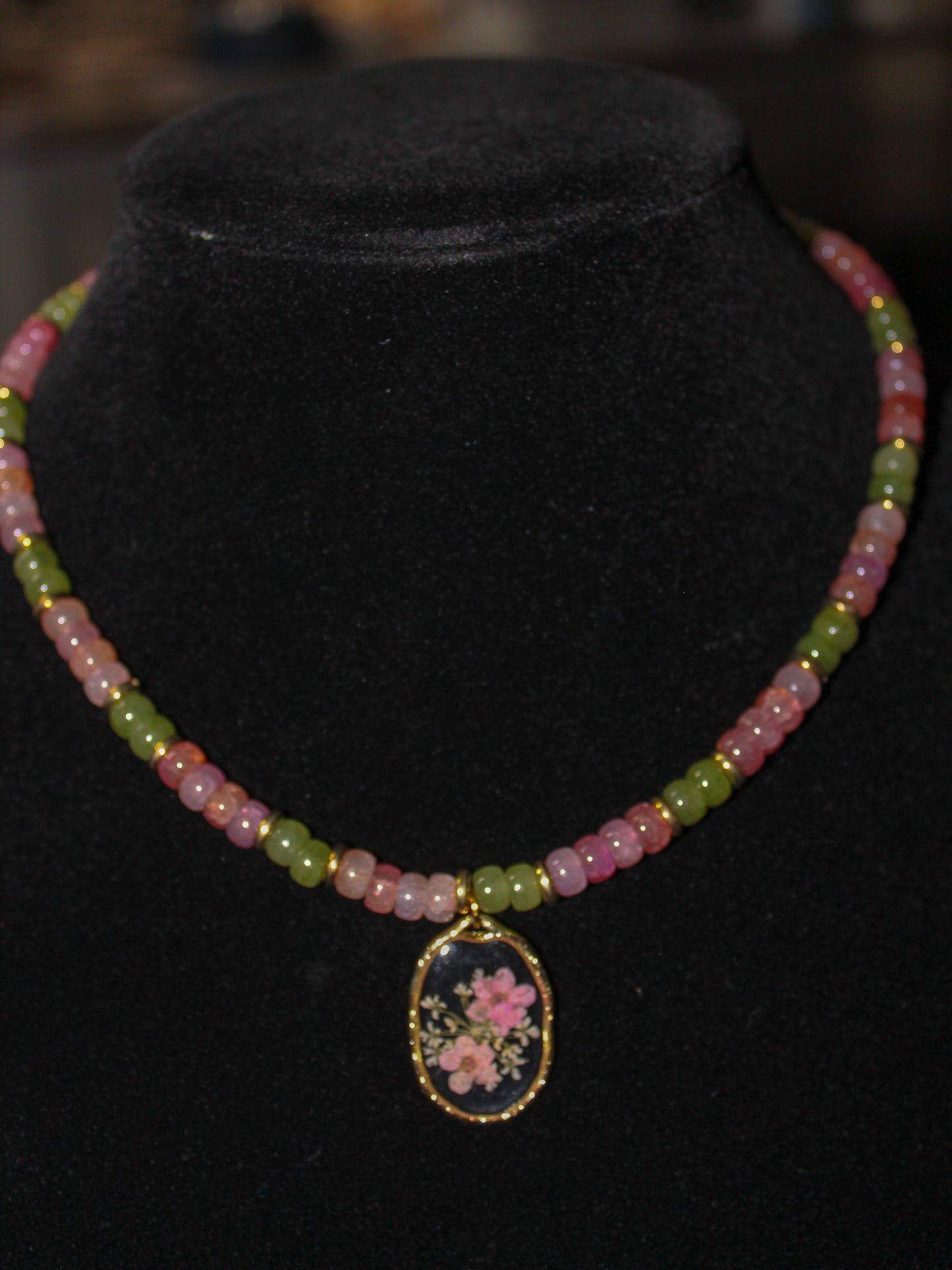 Pressed Flowers Pendant Beaded Necklace