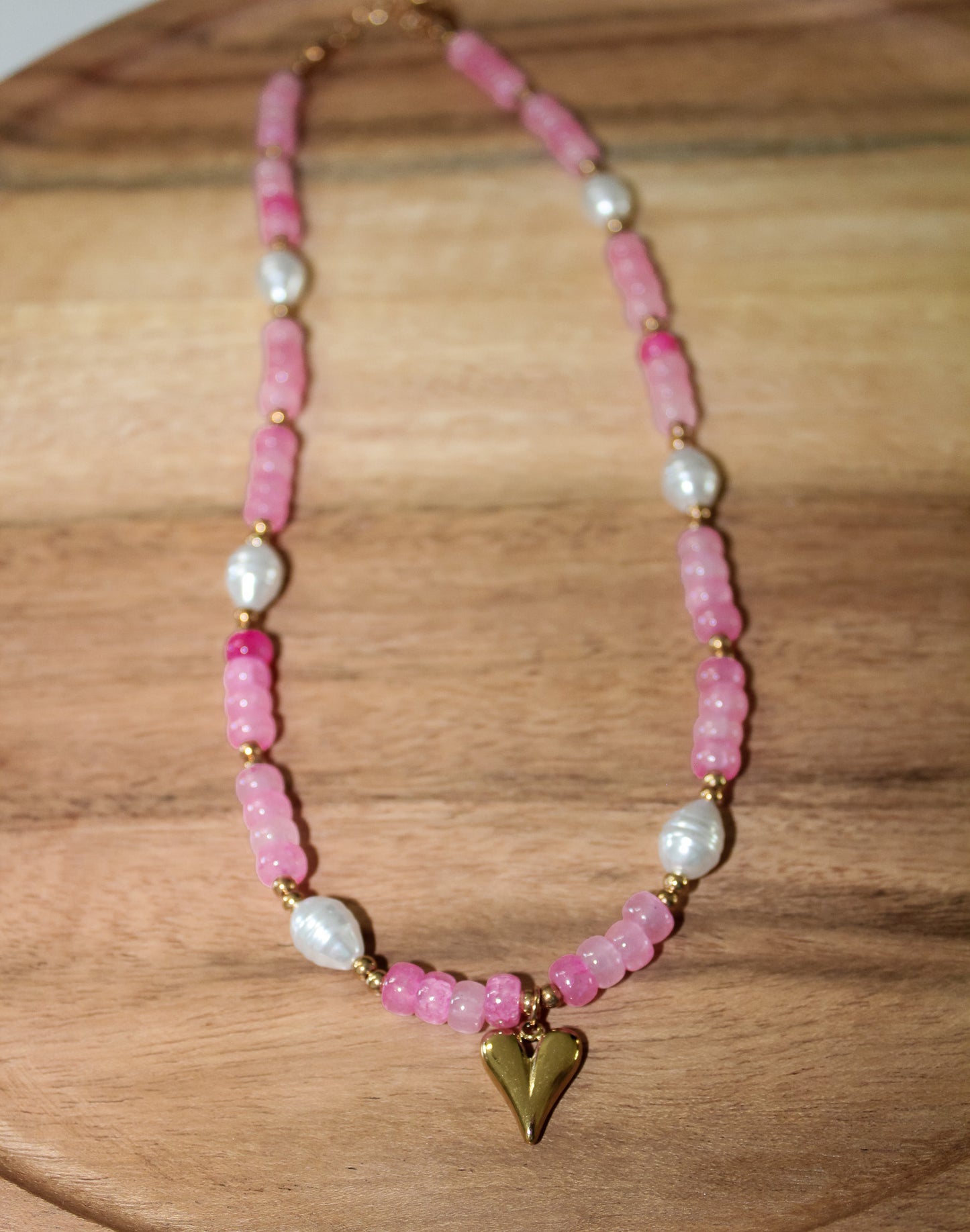 Pink Heart with Pearls Beaded Necklace