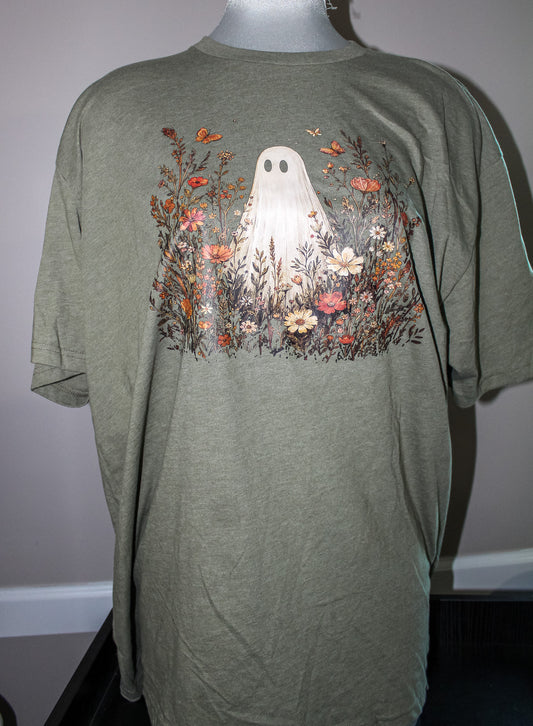 Olive Green Floral Ghost Graphic Tee – Whimsical Halloween Wildflower Shirt (S-3X)