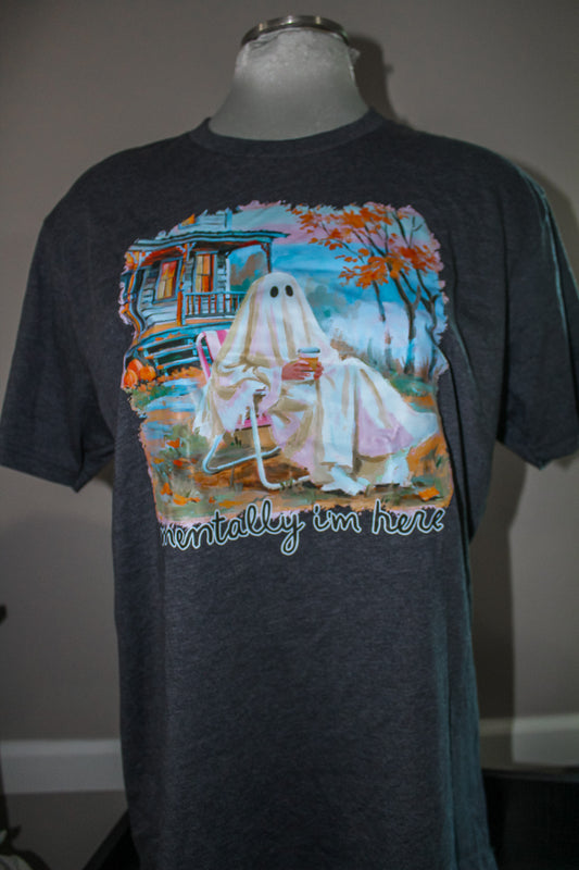 Black "Mentally I'm Here" Relaxing Ghost Graphic Tee - Colorful Fall Ghost Shirt (S-3X)