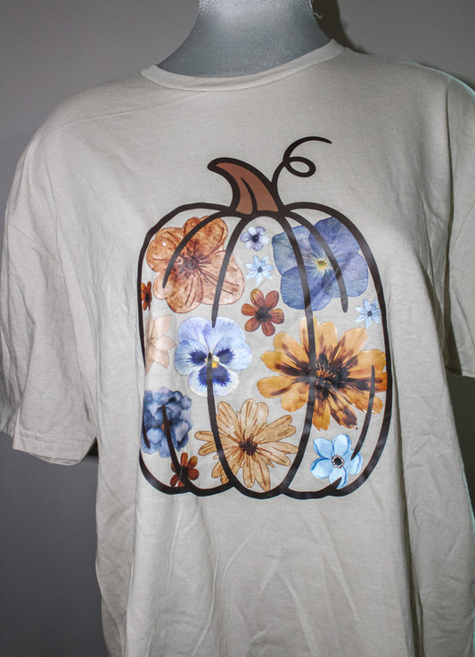 Neutral Floral Pumpkin Graphic Tee - Fall Watercolor Pumpkin T-Shirt (S-3X)