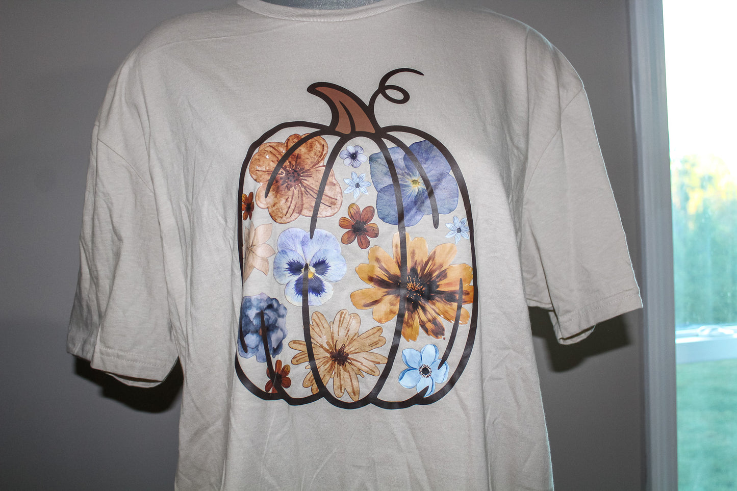 Neutral Floral Pumpkin Graphic Tee - Fall Watercolor Pumpkin T-Shirt (S-3X)