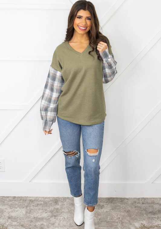 Little More Flannel | Olive and Flannel Sleeves Top