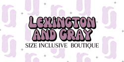 Lexington and Gray Size Inclusive Boutique logo with a western light purple cowgirl boots and stars background 