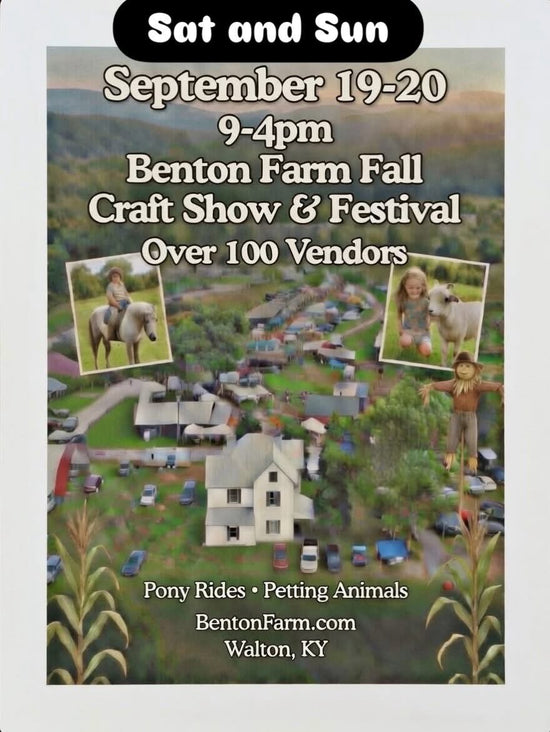 Promotional flyer for the Benton Farm Fall Craft Show & Festival, featuring a miniature model village scene, text details for September 19-20 at 9-4pm, and event attractions including pony rides and petting animals.