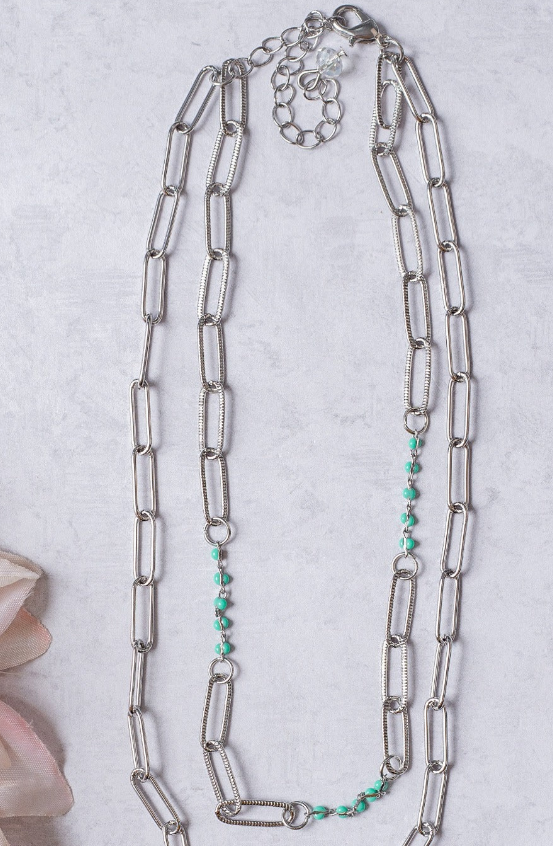 Don't Call Me Honey | Turquoise Bead Chain Link Necklace - Silver