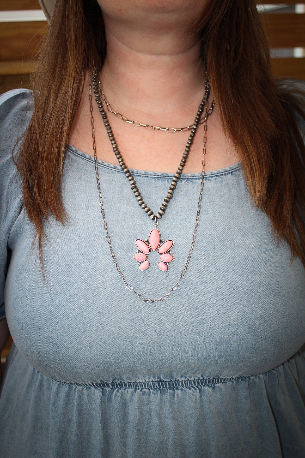 Pink Squash Three Layer Silver Necklace