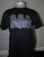 A black short-sleeve t-shirt displayed on a mannequin torso, featuring a large white graphic of three ghosts made of dense dots and lines across the chest.