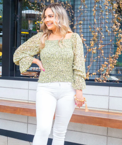 She’s Got It All | Smocked Floral Top in Sage